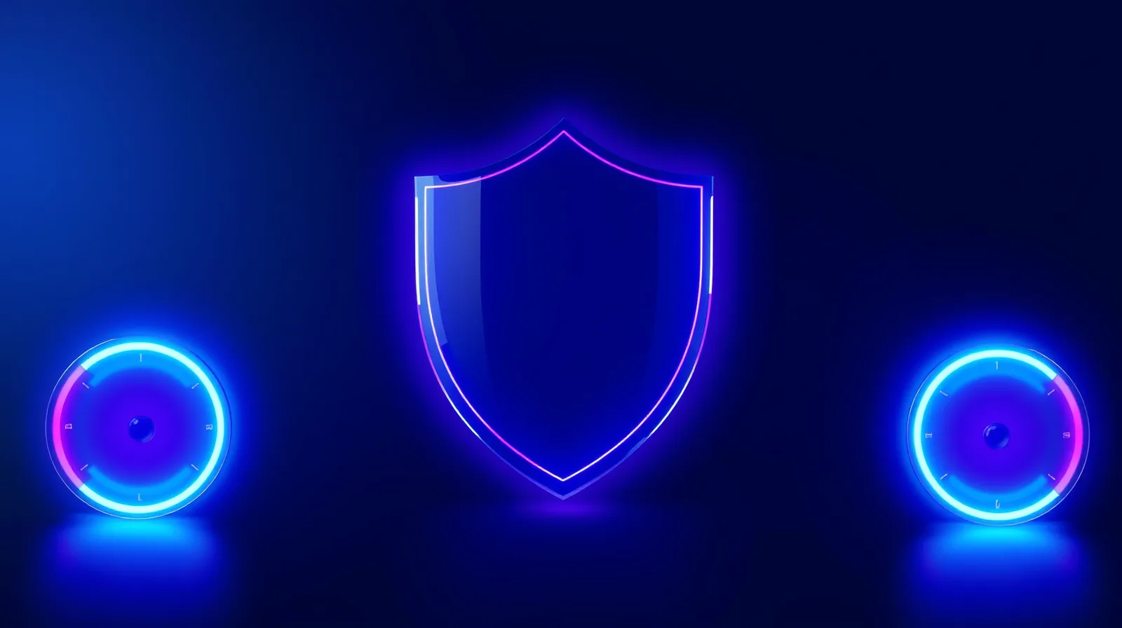 Abstract gauges and a shield glowing in violet and cyan